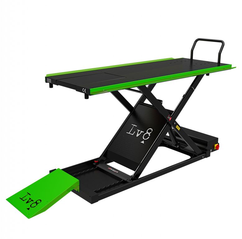 Motorcycle lift LV8 GOLDRAKE 600C FLOOR VERSION EG600CE.G with electro-hydraulic unit (black and green RAL 6018)