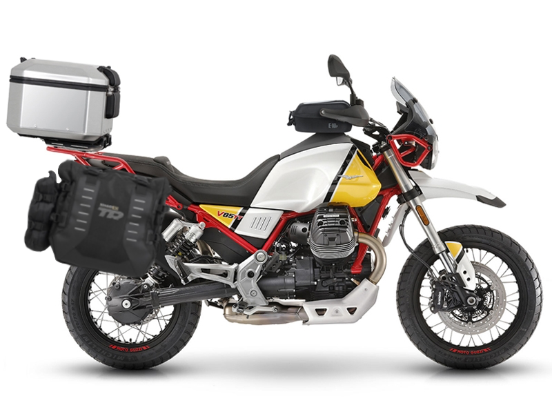 Complete set of SHAD TERRA TR40 adventure saddlebags and SHAD TERRA aluminium 48L topcase, including mounting kit SHAD MOTO GUZZI V 85 TT