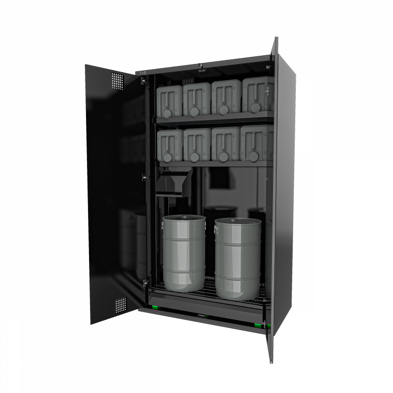 Closet for oil storage equipped with key lock, 3 sliding and height adjustable shelves, oil collecti LV8 EQA03R Crni