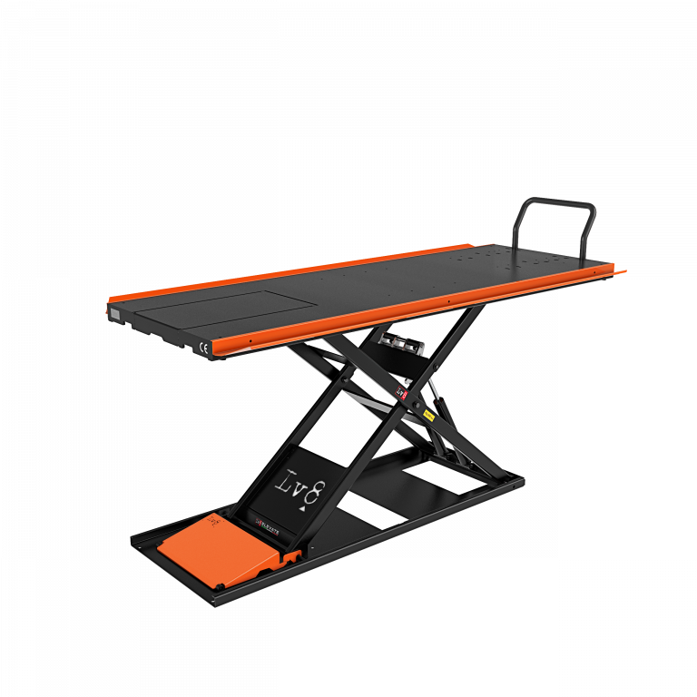 Motorcycle lift LV8 NANO 400 FLOOR VERSION EN400GE.O with electro-hydraulic unit (black and orange RAL 2009)