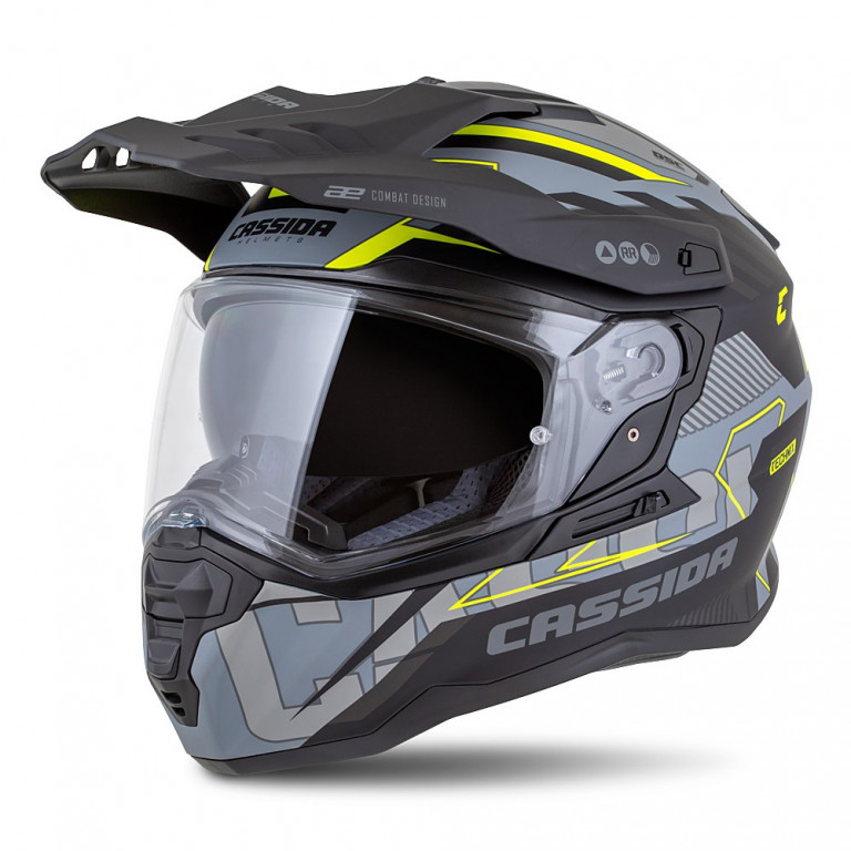 Motocross Helmet CASSIDA ROAD RUNNER TechniX grey matt/ black/ yellow fluo/ black matt peak XS