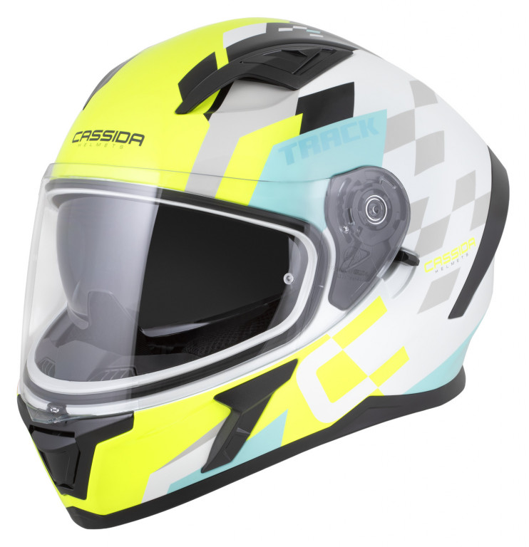 Full face helmet CASSIDA Orbit Track white/yellow fluo/turquoise/black 2XL