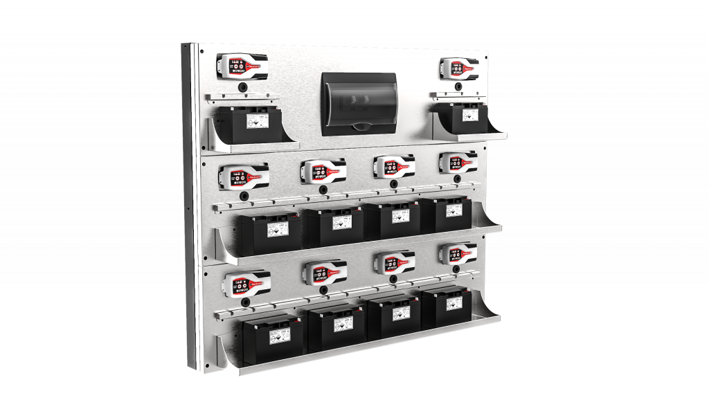 Stainless steel wall panel with predisposition for housing 10 chargers and electric panel (optional) LV8 EQPCPO-01