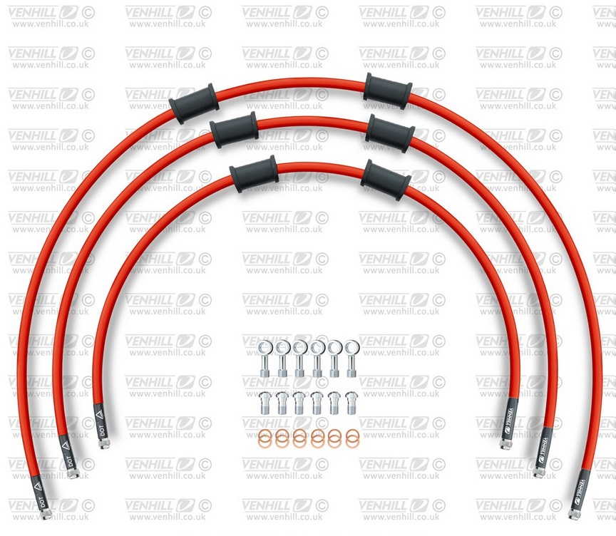 STANDARD Front brake hose kit Venhill POWERHOSEPLUS YAM-10003F-RD (3 hoses in kit) Red hoses, chromed fittings